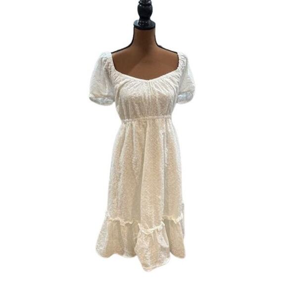 Lulus White Tiered Eyelet Dress with Puff Sleeves and Open Back – Size Medium - Picture 1 of 6